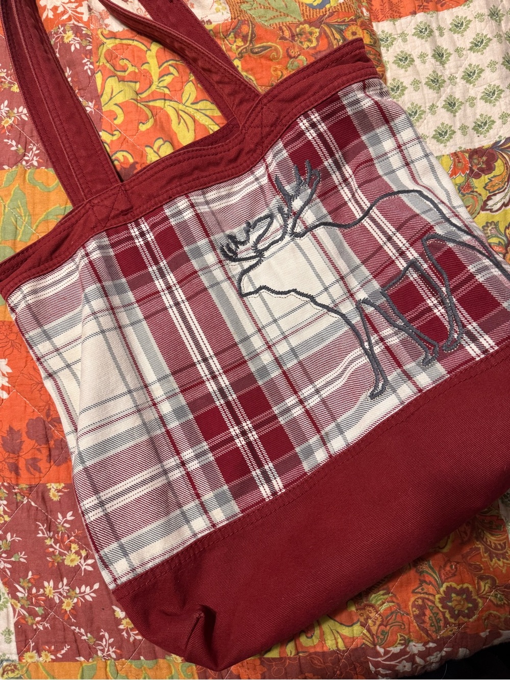 Abercrombie & Fitch Red Plaid Tote with Embroidered Moose